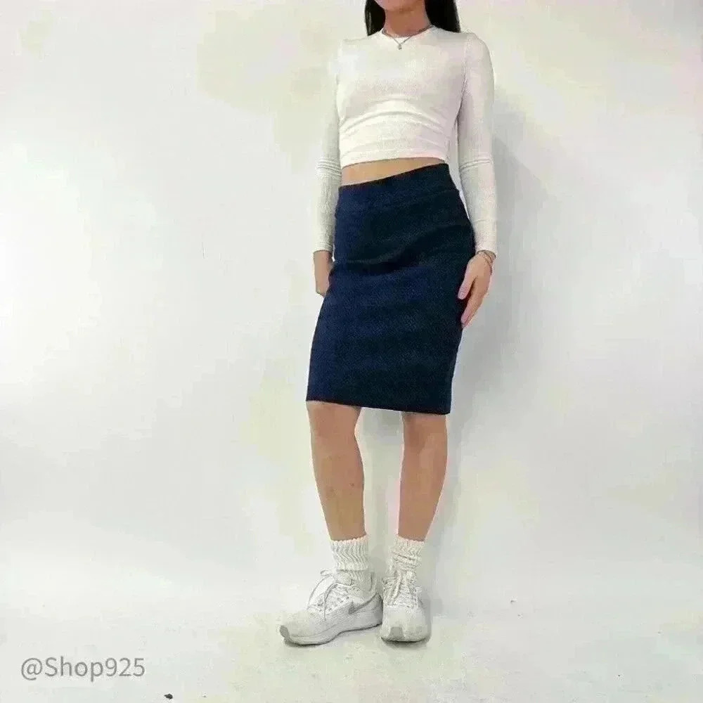 Navy Printed Zip up Midi  skirt
